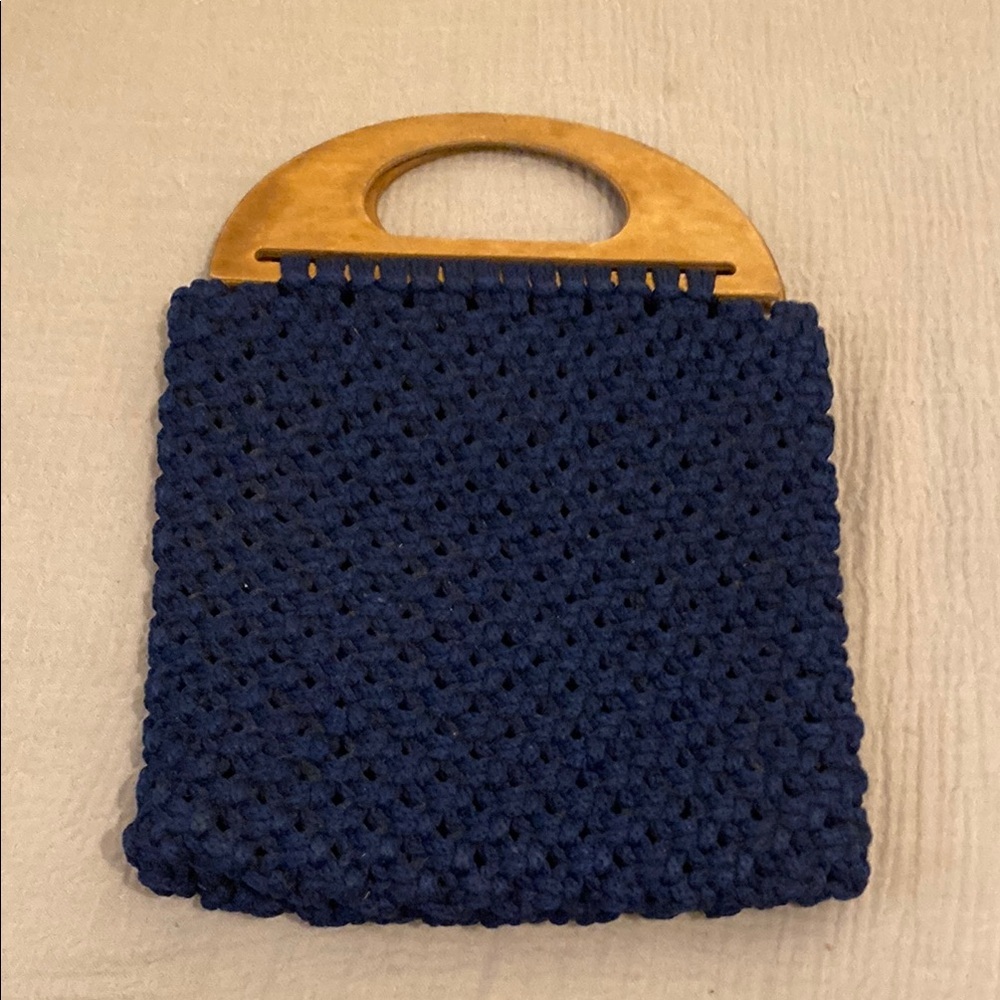 Handcrafted Navy Blue Crochet Bag with Wooden Handle